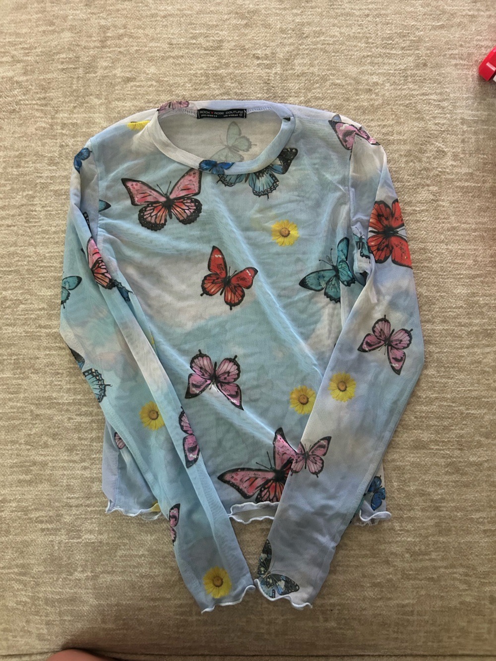 iHeartRaves Pastel Blue Sheer Butterfly Daisy Long Sleeve Top